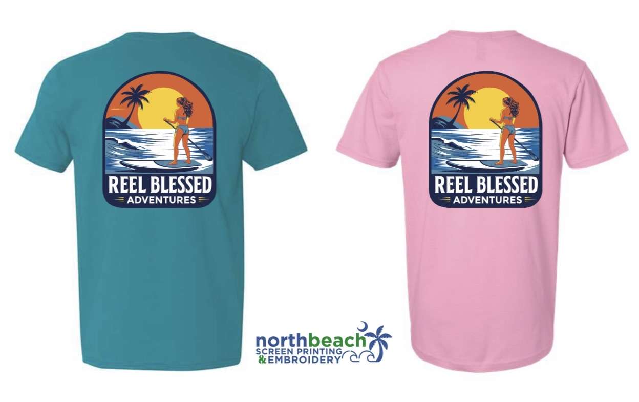 A T shirt design featuring a girl standing in a paddle board going directed towards a sunset with a palm tree to the left.